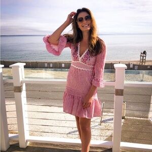 Saloni June Striped Cotton Seersucker V Neck Mini Dress size 2